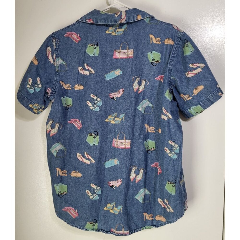 VTG LEMON GRASS Denim Shirt Women's Small Print Shoes Purses Novelty Granny - Picture 2 of 7